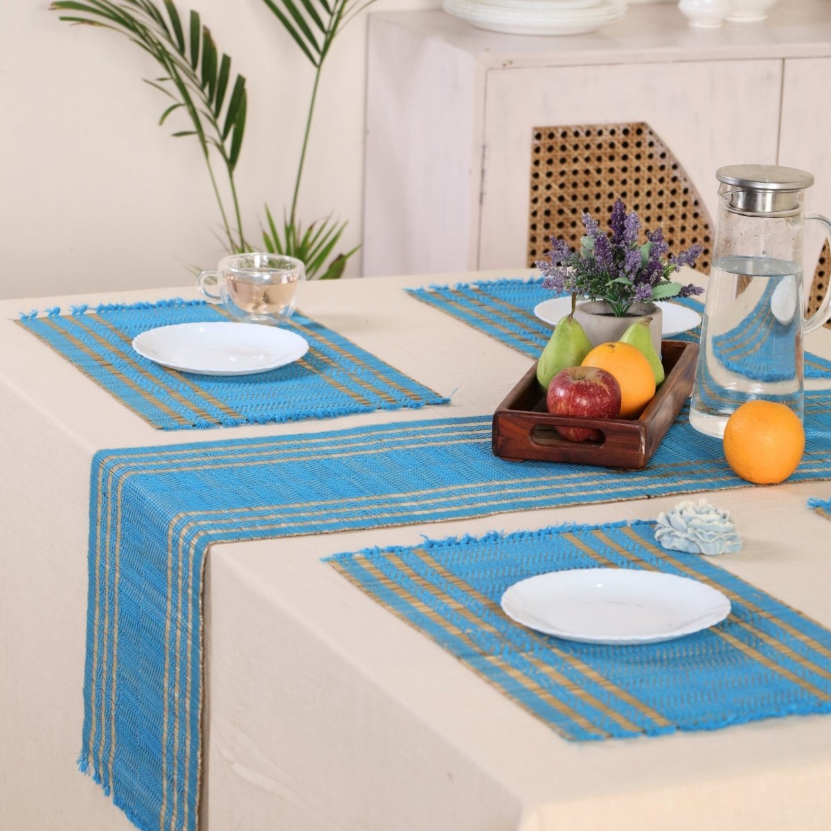 Dining Table Mats and Table Runner In Blue Set of 6 and 4 | Tableware Handwoven from Natural Grass