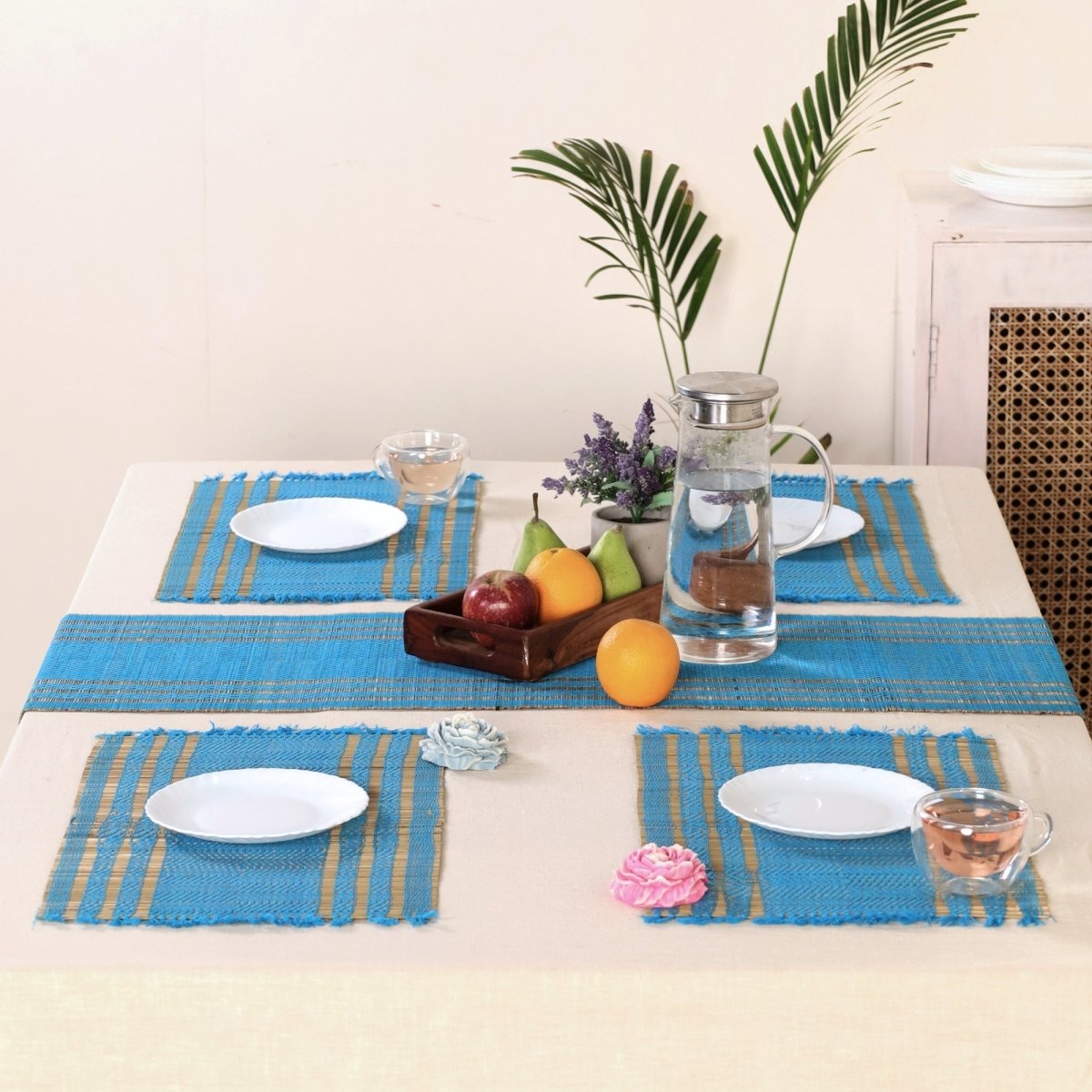 Dining Table Mats and Table Runner In Blue Set of 6 and 4 | Tableware Handwoven from Natural Grass