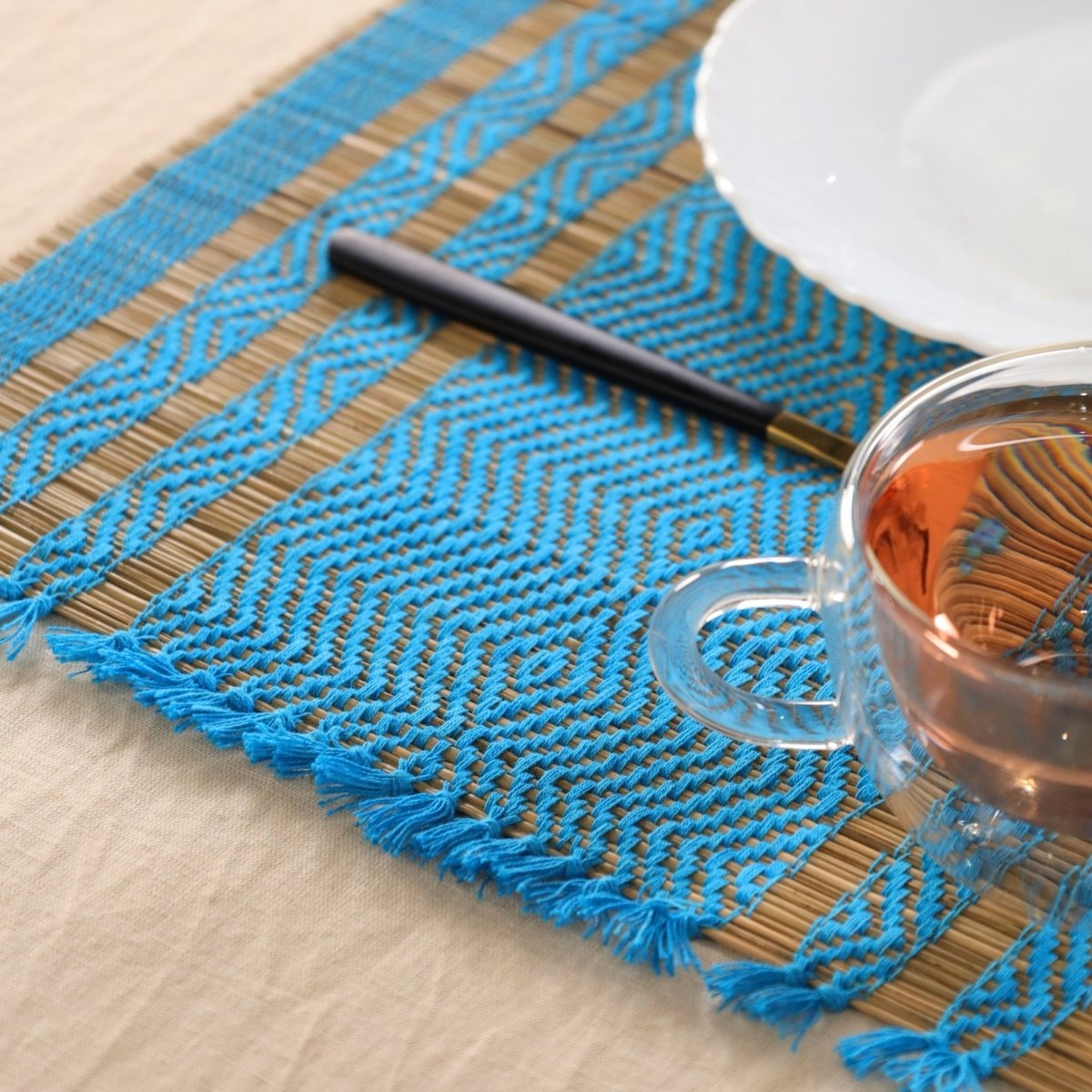Dining Table Mats and Table Runner In Blue Set of 6 and 4 | Tableware Handwoven from Natural Grass