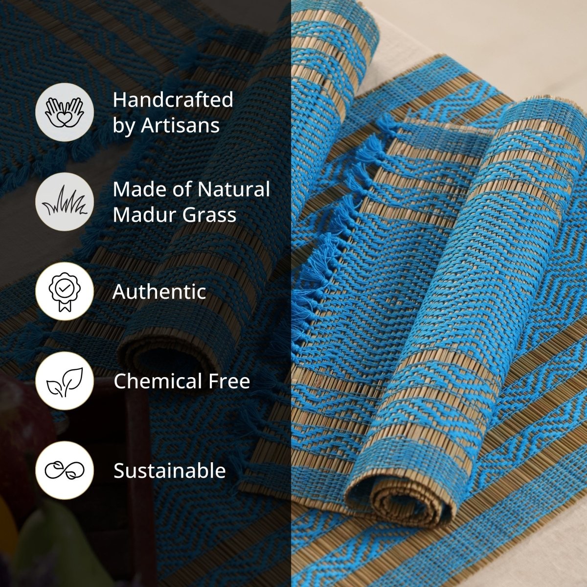 Dining Table Mats and Table Runner In Blue Set of 6 and 4 | Tableware Handwoven from Natural Grass