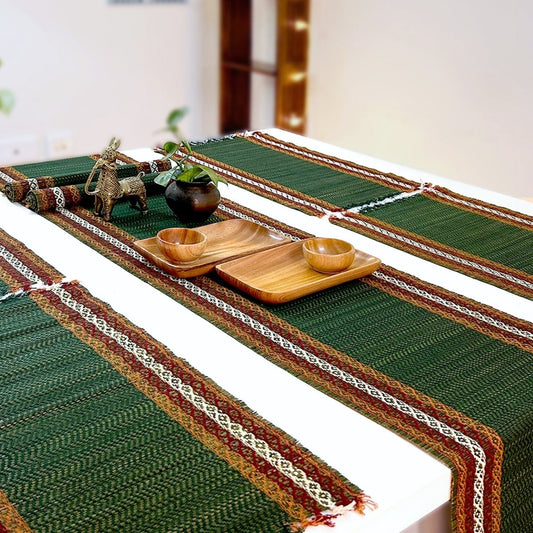 Handmade Dining Table Mats and Runner in Green | Set of 6 and 4 | Handwoven from Natural Grass