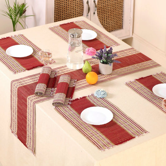Handmade Dining Table Mats and Table Runner in Maroon Set of 6 and 4 | Eco Friendly Tableware Sustainably Handwoven from Natural Grass