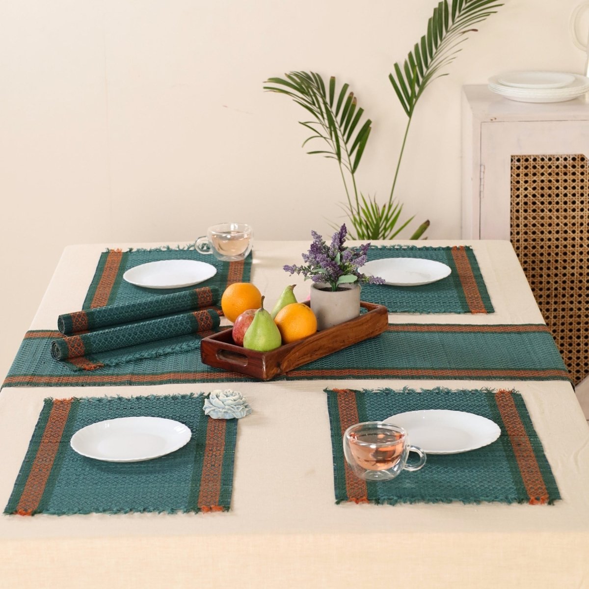 Dining Table Mats and Table Runner In Teal Set of 6 and 4 | Eco Friendly Tableware Sustainably Handwoven from Natural Grass