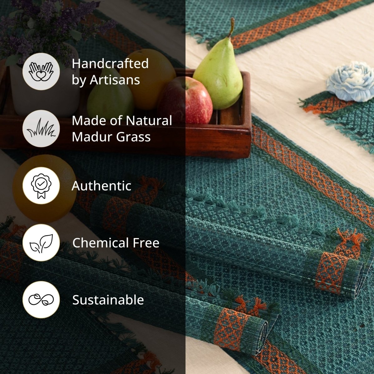 Dining Table Mats and Table Runner In Teal Set of 6 and 4 | Eco Friendly Tableware Sustainably Handwoven from Natural Grass