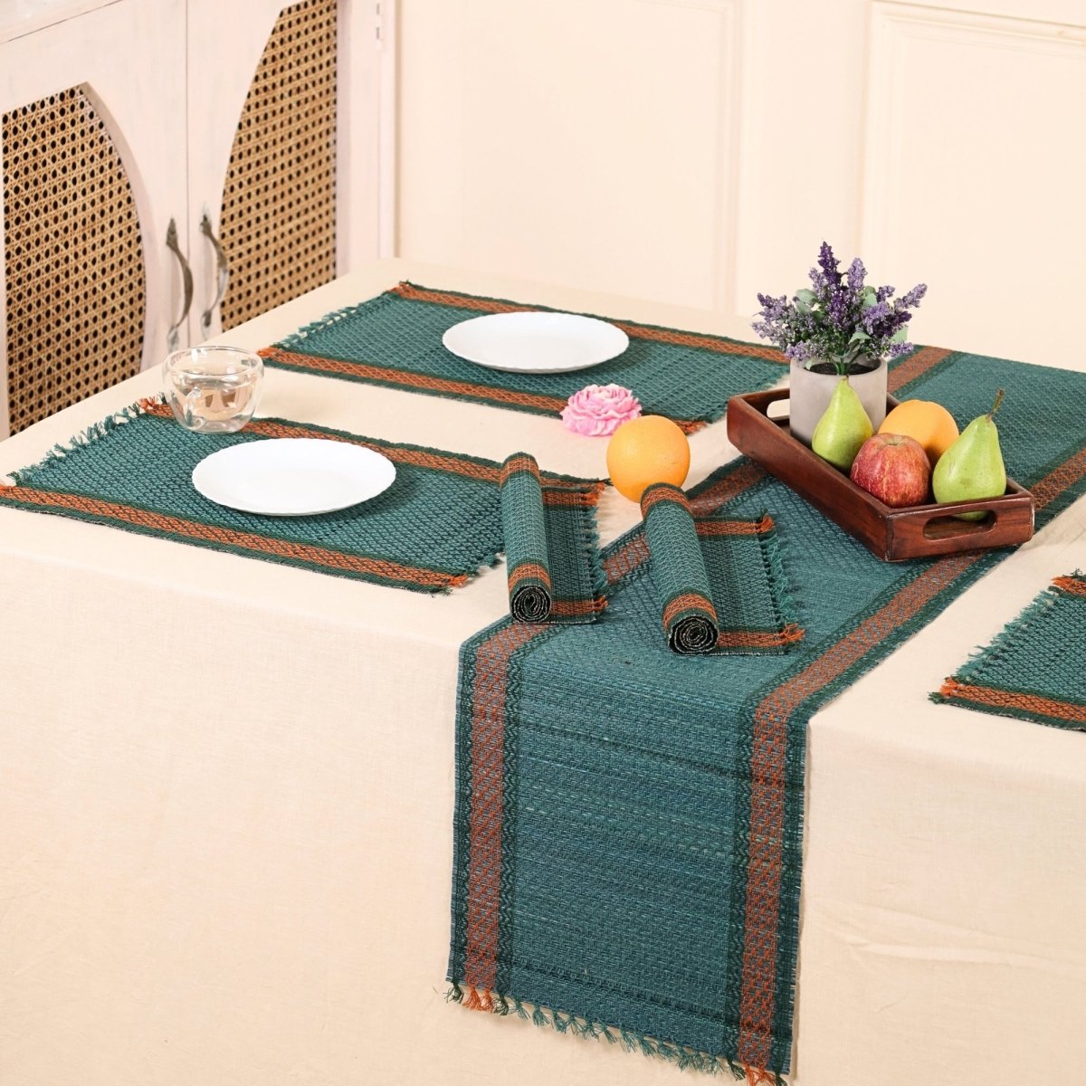 Dining Table Mats and Table Runner In Teal Set of 6 and 4 | Eco Friendly Tableware Sustainably Handwoven from Natural Grass