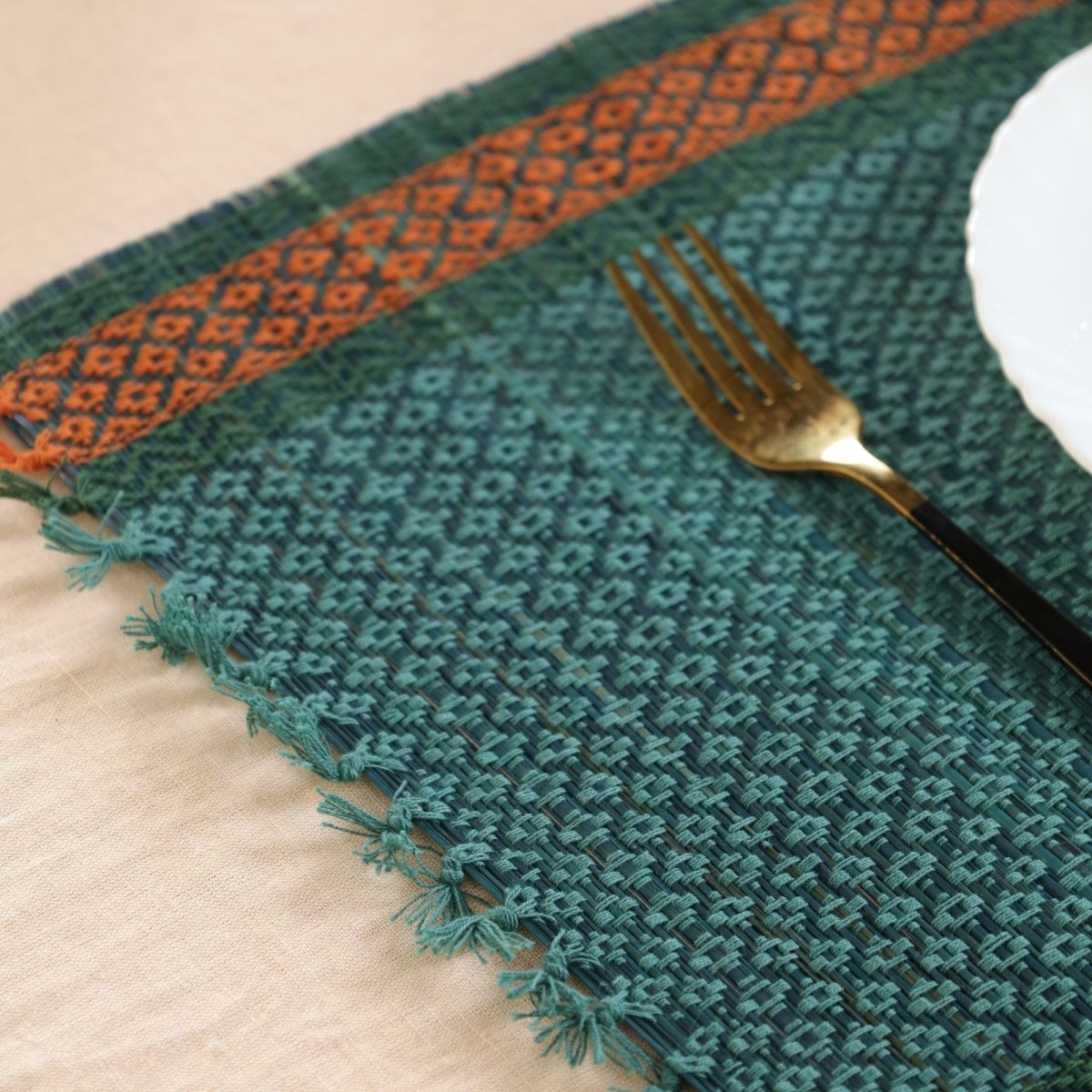 Dining Table Mats and Table Runner In Teal Set of 6 and 4 | Eco Friendly Tableware Sustainably Handwoven from Natural Grass