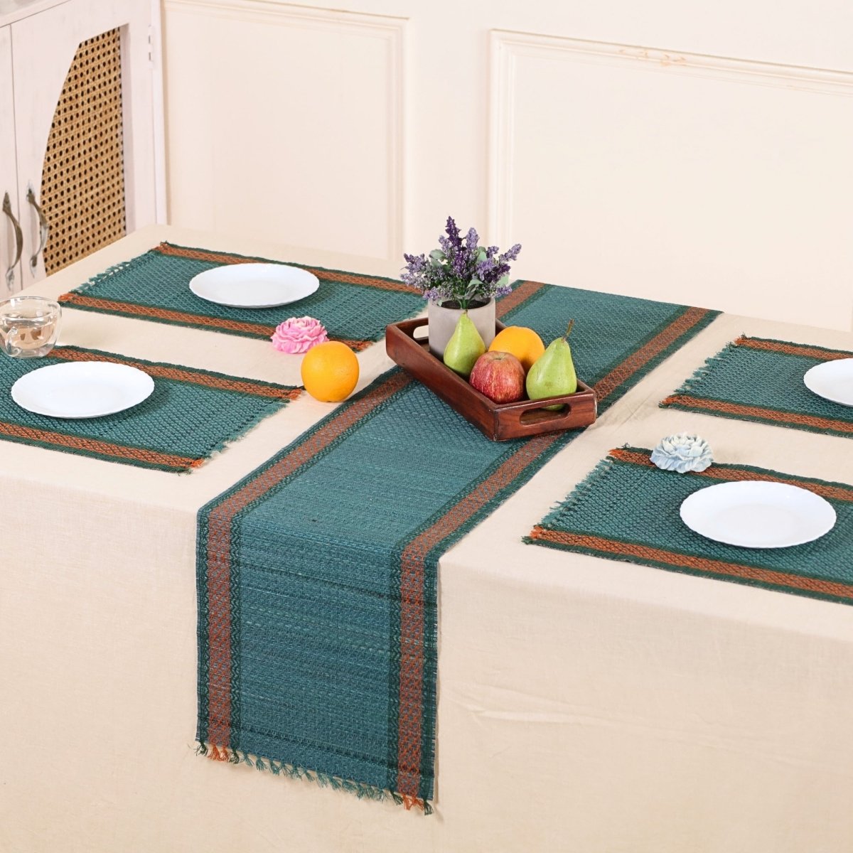 Dining Table Mats and Table Runner In Teal Set of 6 and 4 | Eco Friendly Tableware Sustainably Handwoven from Natural Grass