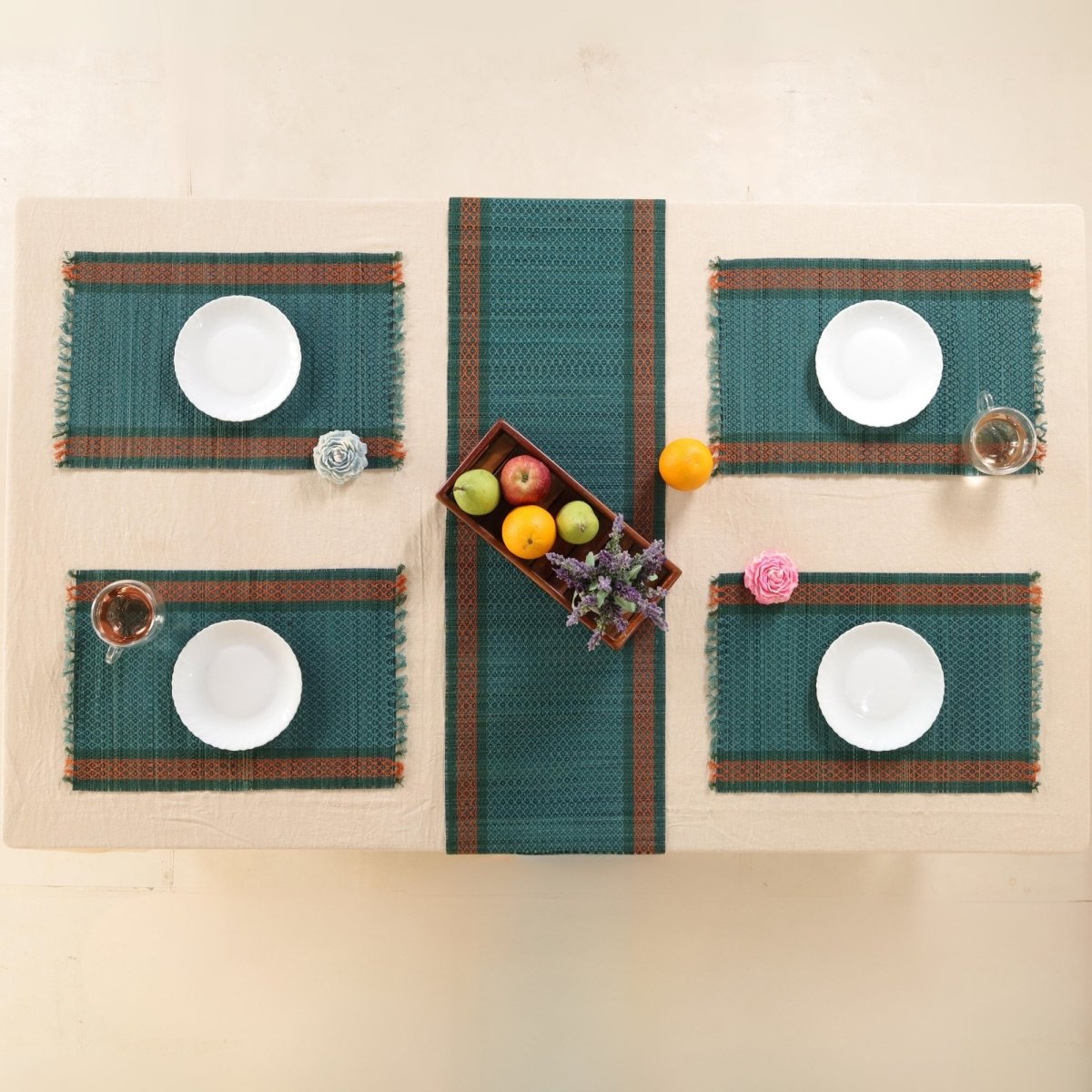 Dining Table Mats and Table Runner In Teal Set of 6 and 4 | Eco Friendly Tableware Sustainably Handwoven from Natural Grass