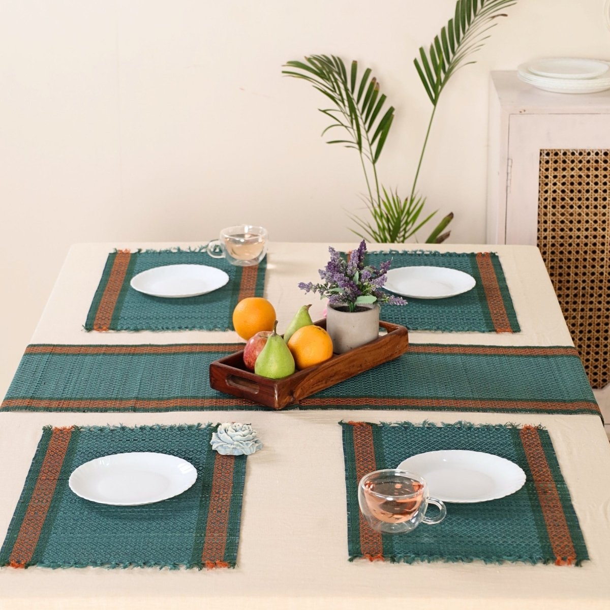 Dining Table Mats and Table Runner In Teal Set of 6 and 4 | Eco Friendly Tableware Sustainably Handwoven from Natural Grass