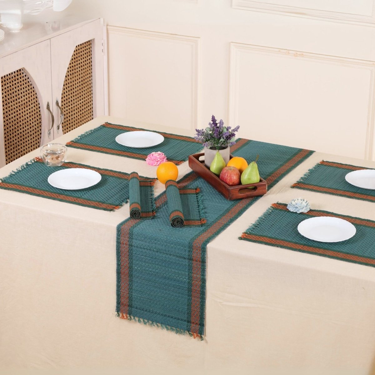 Dining Table Mats and Table Runner In Teal Set of 6 and 4 | Eco Friendly Tableware Sustainably Handwoven from Natural Grass