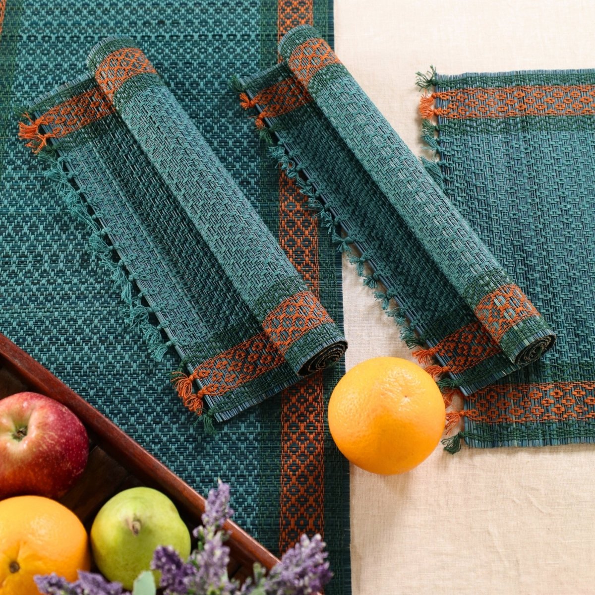 Dining Table Mats and Table Runner In Teal Set of 6 and 4 | Eco Friendly Tableware Sustainably Handwoven from Natural Grass