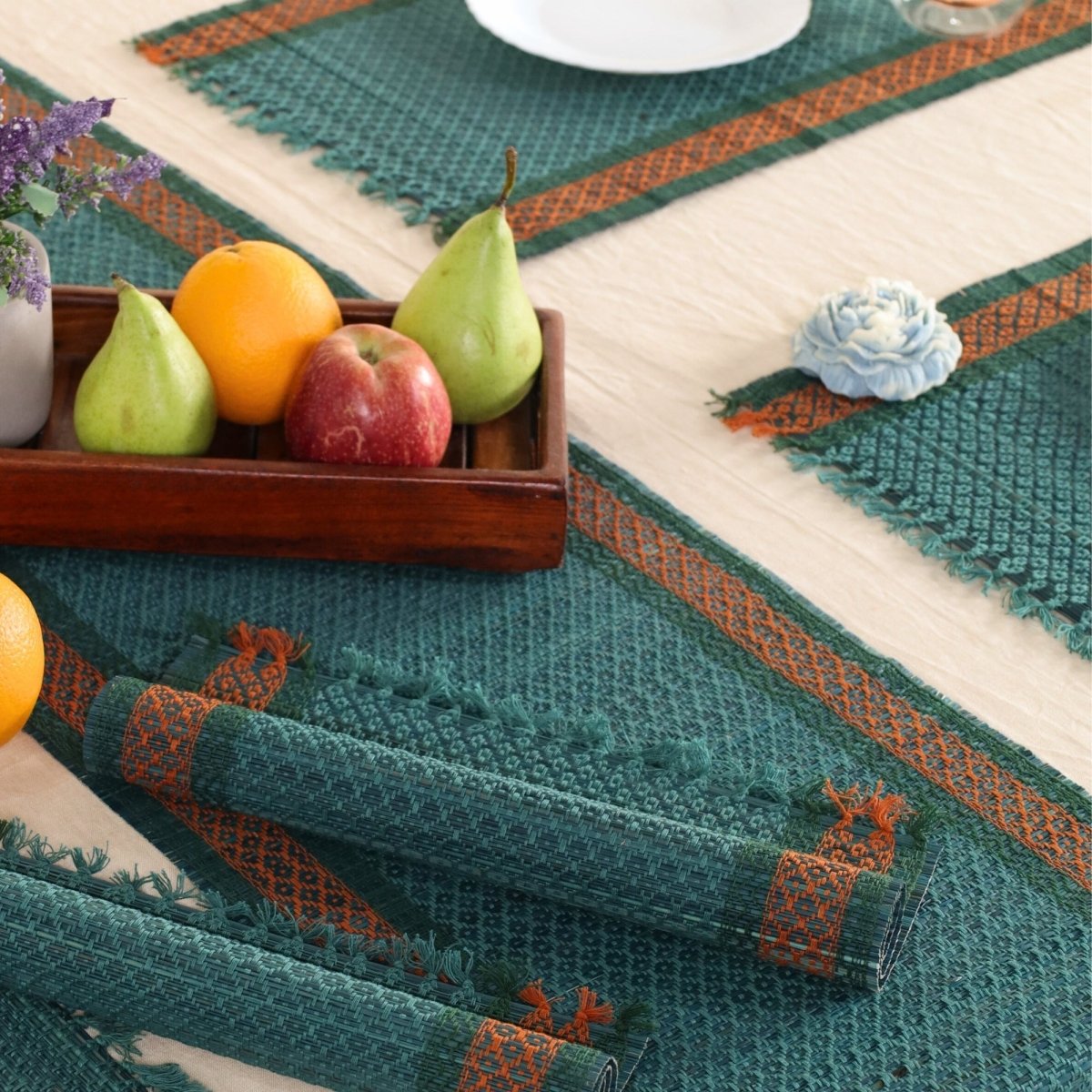 Dining Table Mats and Table Runner In Teal Set of 6 and 4 | Eco Friendly Tableware Sustainably Handwoven from Natural Grass