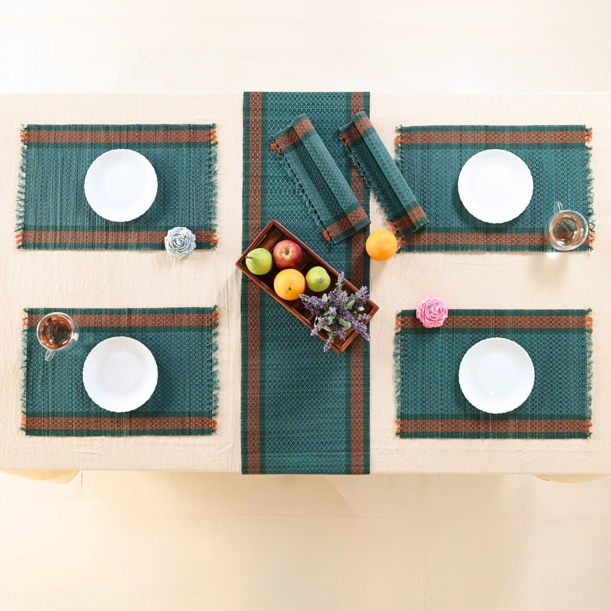 Dining Table Mats and Table Runner In Teal Set of 6 and 4 | Eco Friendly Tableware Sustainably Handwoven from Natural Grass