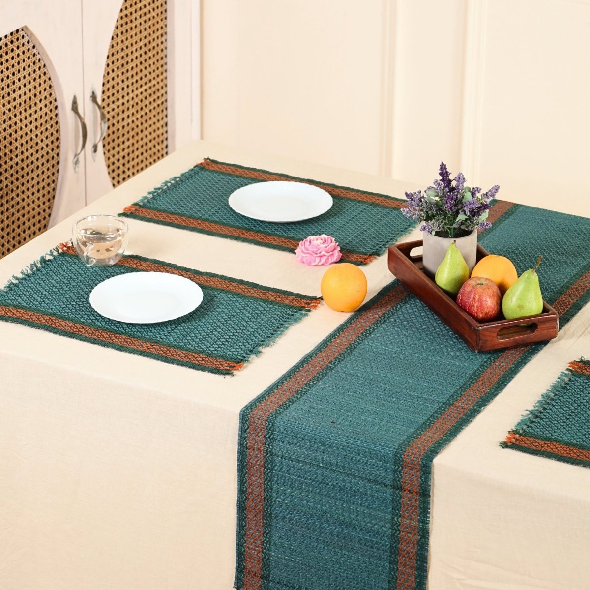 Dining Table Mats and Table Runner In Teal Set of 6 and 4 | Eco Friendly Tableware Sustainably Handwoven from Natural Grass