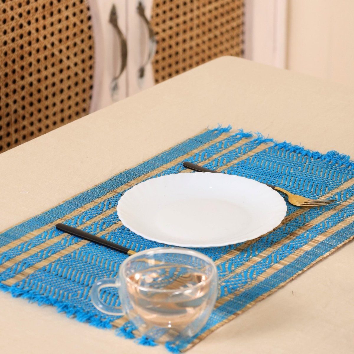 Handmade Dining Table Mats In Blue (Set Of 4/6) | Eco Friendly Tableware Sustainably Handwoven from Natural Grass