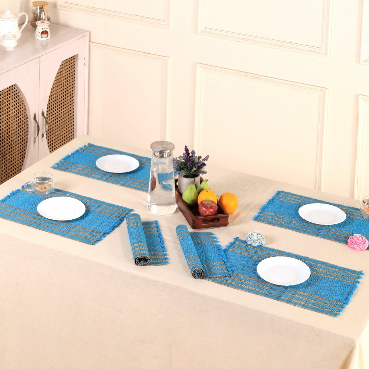 Handmade Dining Table Mats In Blue (Set Of 4/6) | Eco Friendly Tableware Sustainably Handwoven from Natural Grass