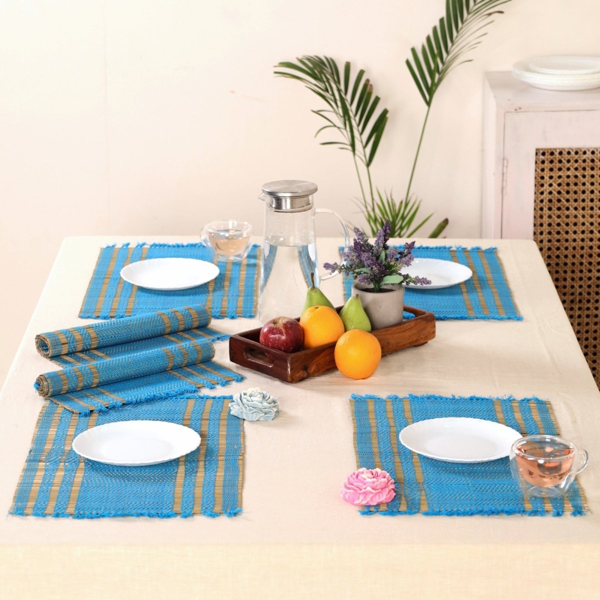 Handmade Dining Table Mats In Blue (Set Of 4/6) | Eco Friendly Tableware Sustainably Handwoven from Natural Grass