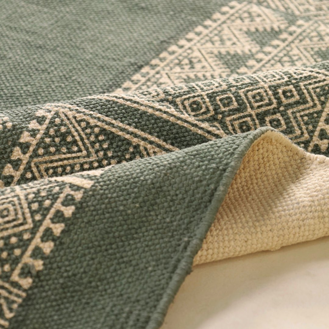 Handprinted Cotton Rug In Green | Floor Rugs | Handmade In India