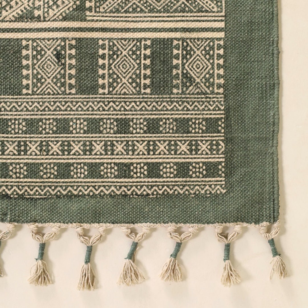 Handprinted Cotton Rug In Green | Floor Rugs | Handmade In India