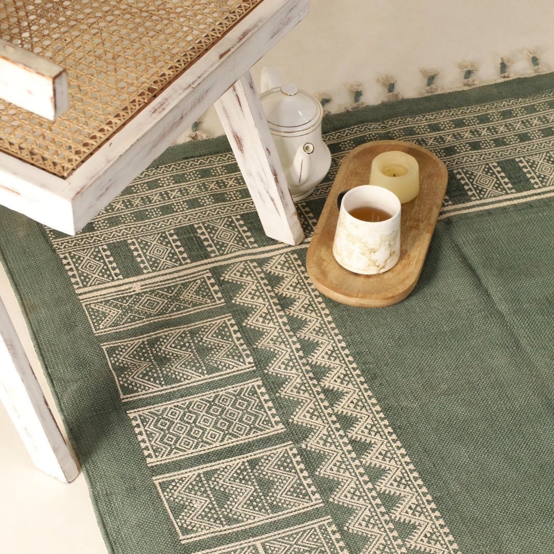Handprinted Cotton Rug In Green | Floor Rugs | Handmade In India