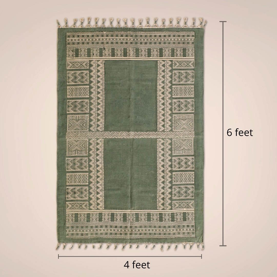 Handprinted Cotton Rug In Green | Floor Rugs | Handmade In India
