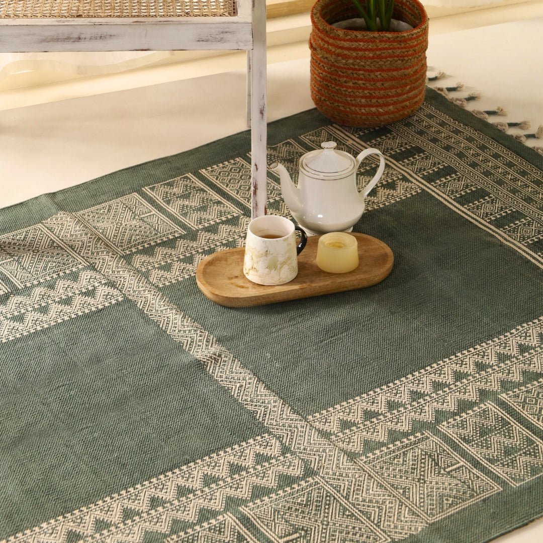Handprinted Cotton Rug In Green | Floor Rugs | Handmade In India
