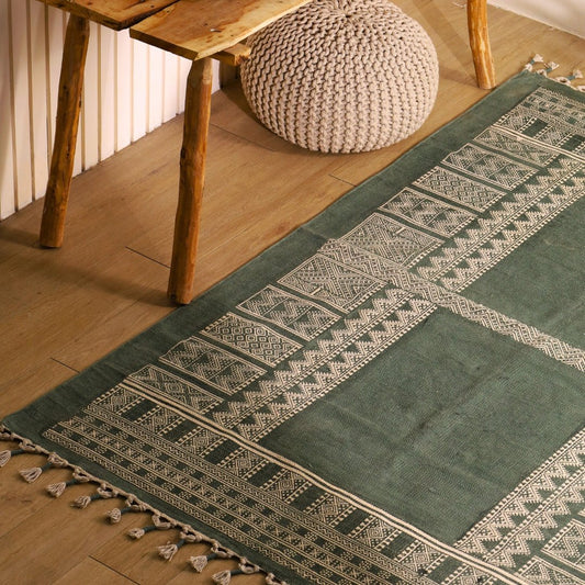 Handprinted Cotton Rug In Green | Floor Rugs | Handmade In India