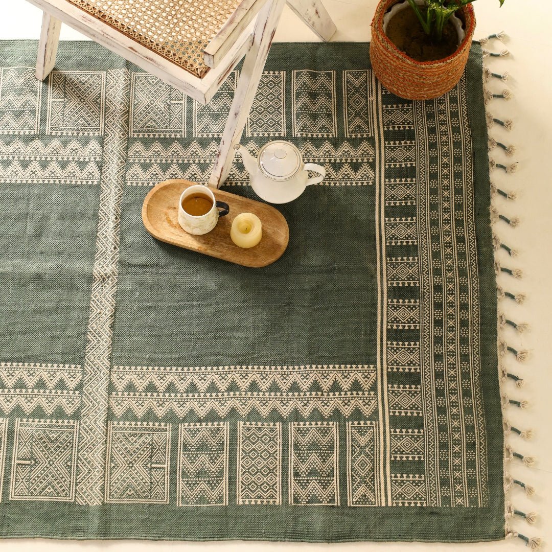 Handprinted Cotton Rug In Green | Floor Rugs | Handmade In India