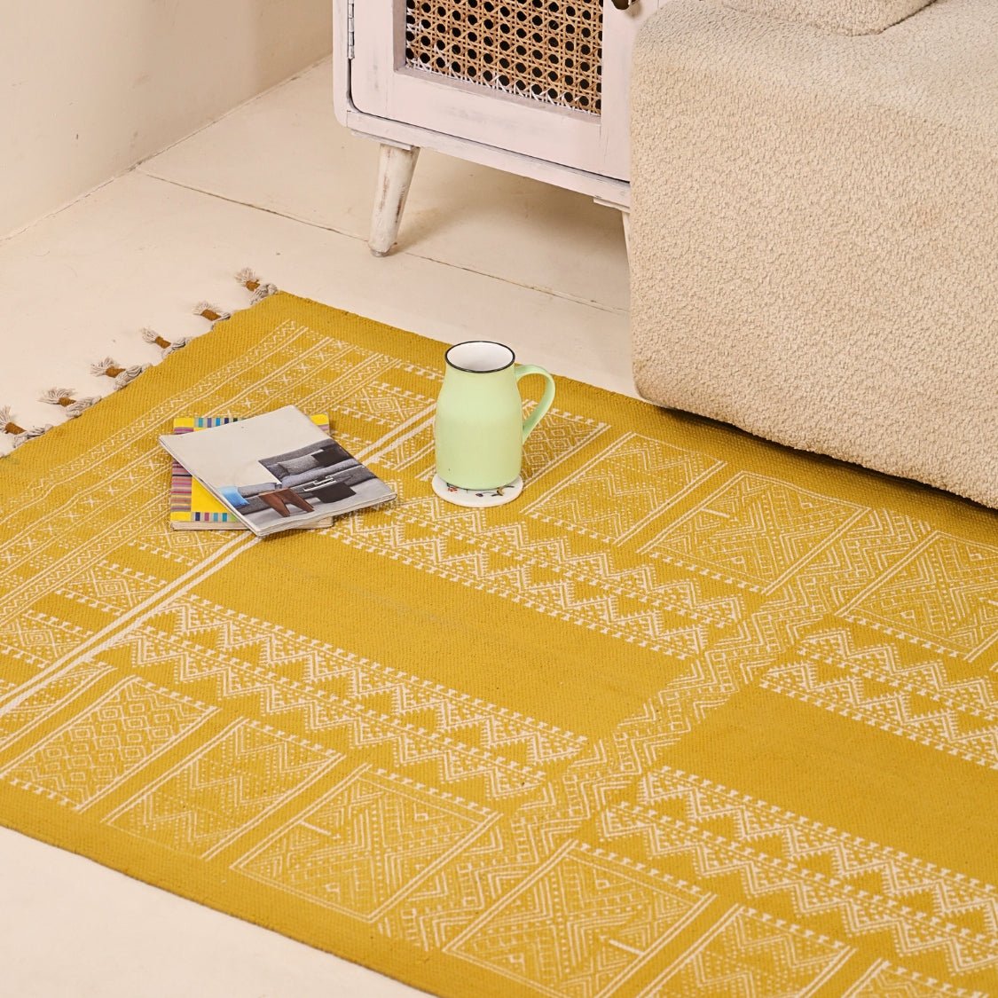 Handprinted Cotton Rug In Honey Mustard | Floor Rugs | Handmade In India