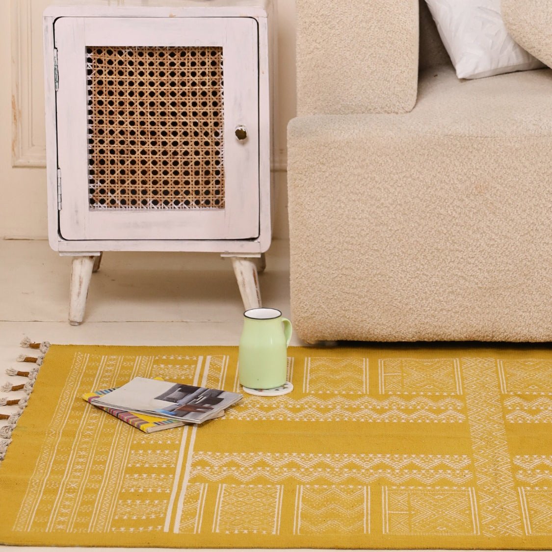 Handprinted Cotton Rug In Honey Mustard | Floor Rugs | Handmade In India