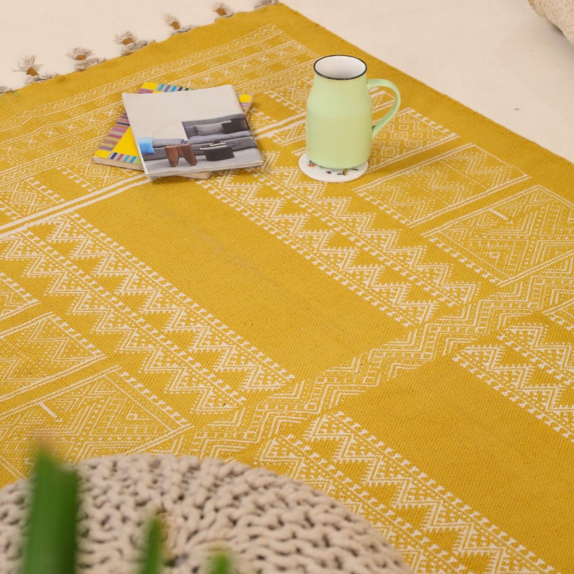 Handprinted Cotton Rug In Honey Mustard | Floor Rugs | Handmade In India