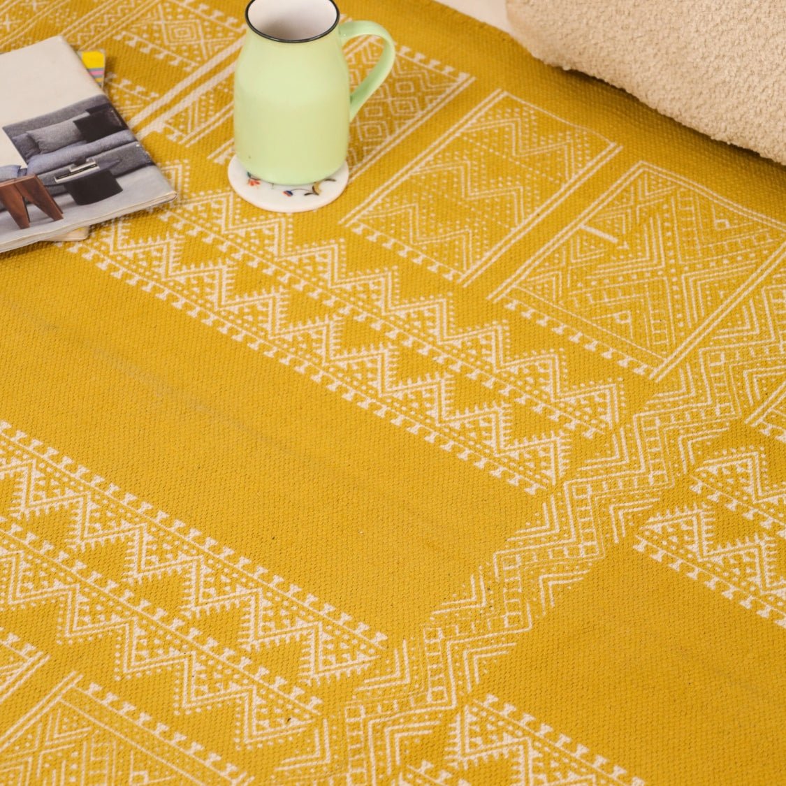 Handprinted Cotton Rug In Honey Mustard | Floor Rugs | Handmade In India