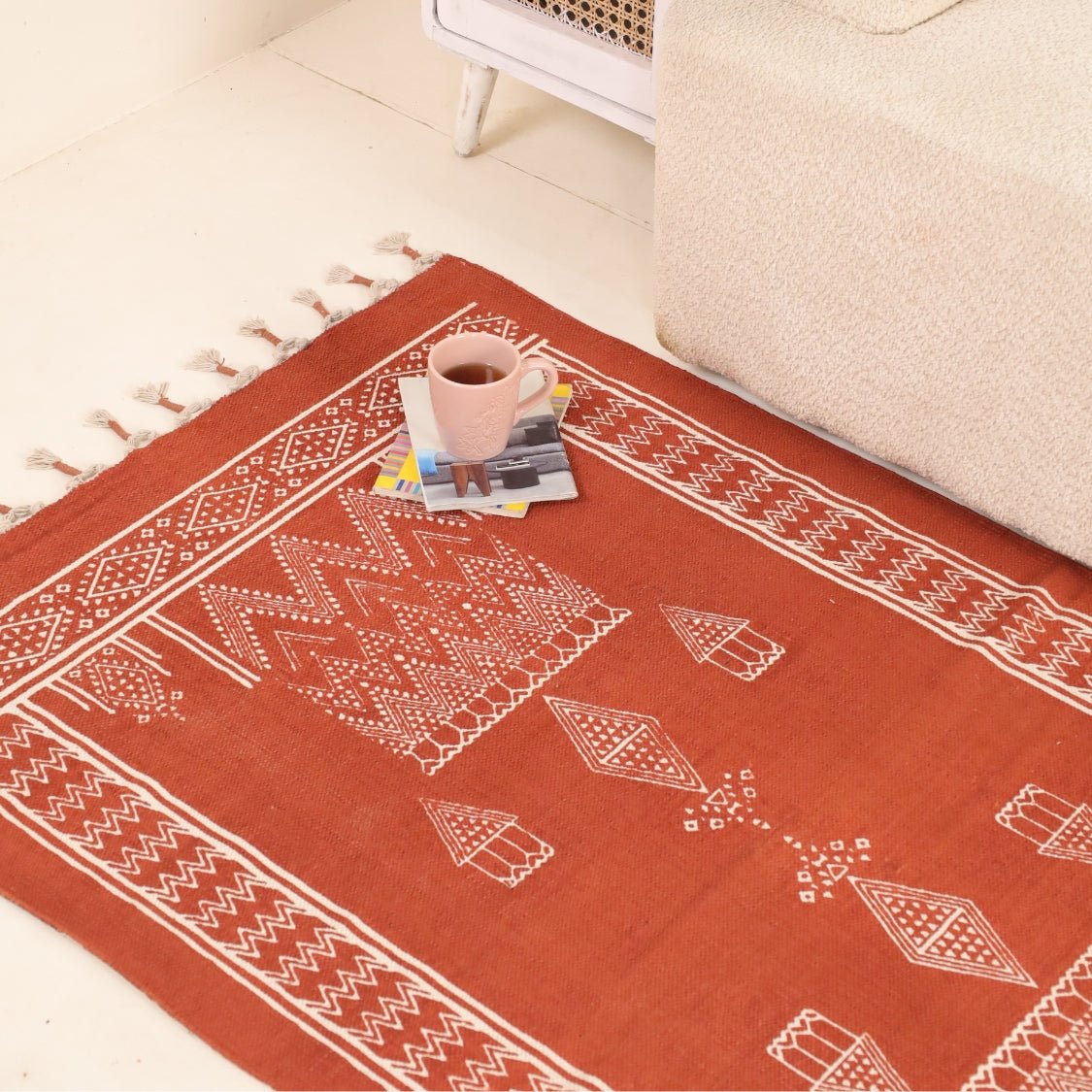 Handprinted Cotton Rug In Rust Brown | Floor Rugs | Mandana Diamond Hut Design | Handmade In India