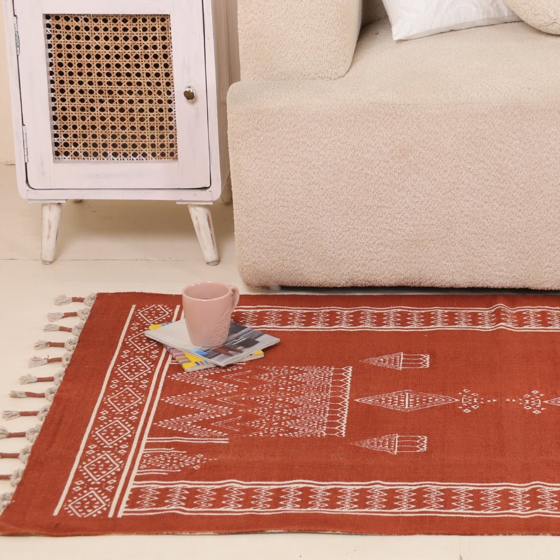 Handprinted Cotton Rug In Rust Brown | Floor Rugs | Mandana Diamond Hut Design | Handmade In India