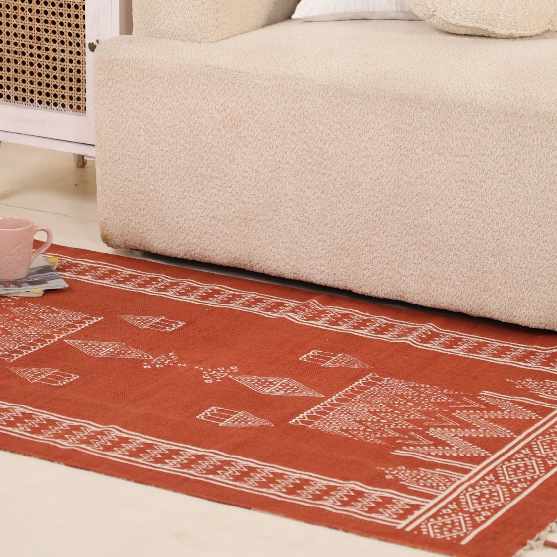 Handprinted Cotton Rug In Rust Brown | Floor Rugs | Mandana Diamond Hut Design | Handmade In India