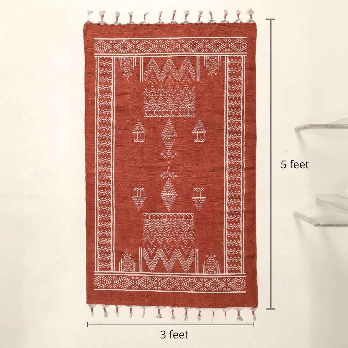 Handprinted Cotton Rug In Rust Brown | Floor Rugs | Mandana Diamond Hut Design | Handmade In India