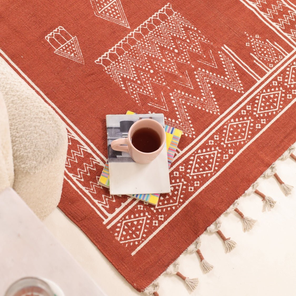 Handprinted Cotton Rug In Rust Brown | Floor Rugs | Mandana Diamond Hut Design | Handmade In India