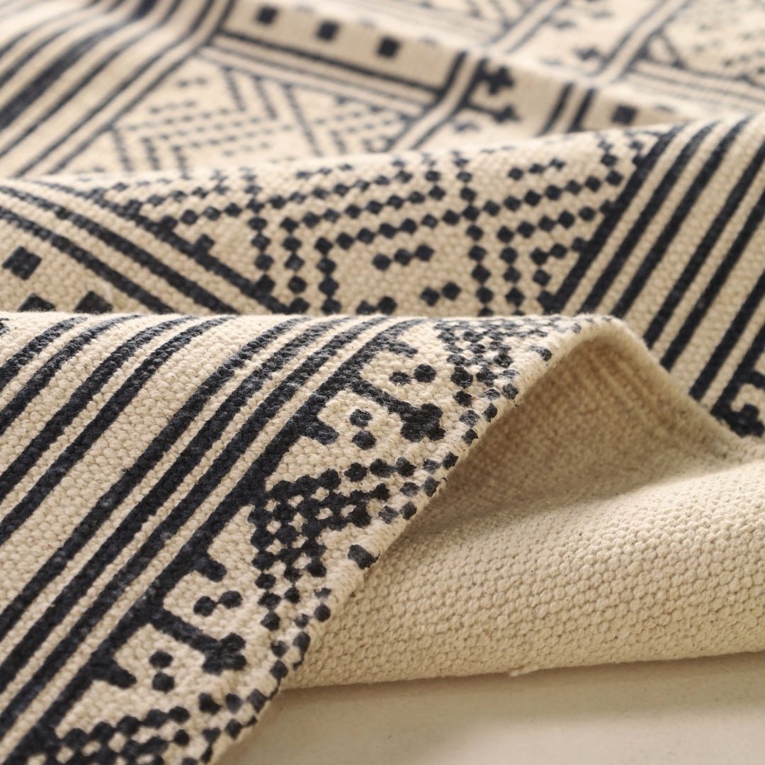 Cotton Rug Handprinted in Monochrome  | 4 x 6 ft Floor Rugs | Handmade In India