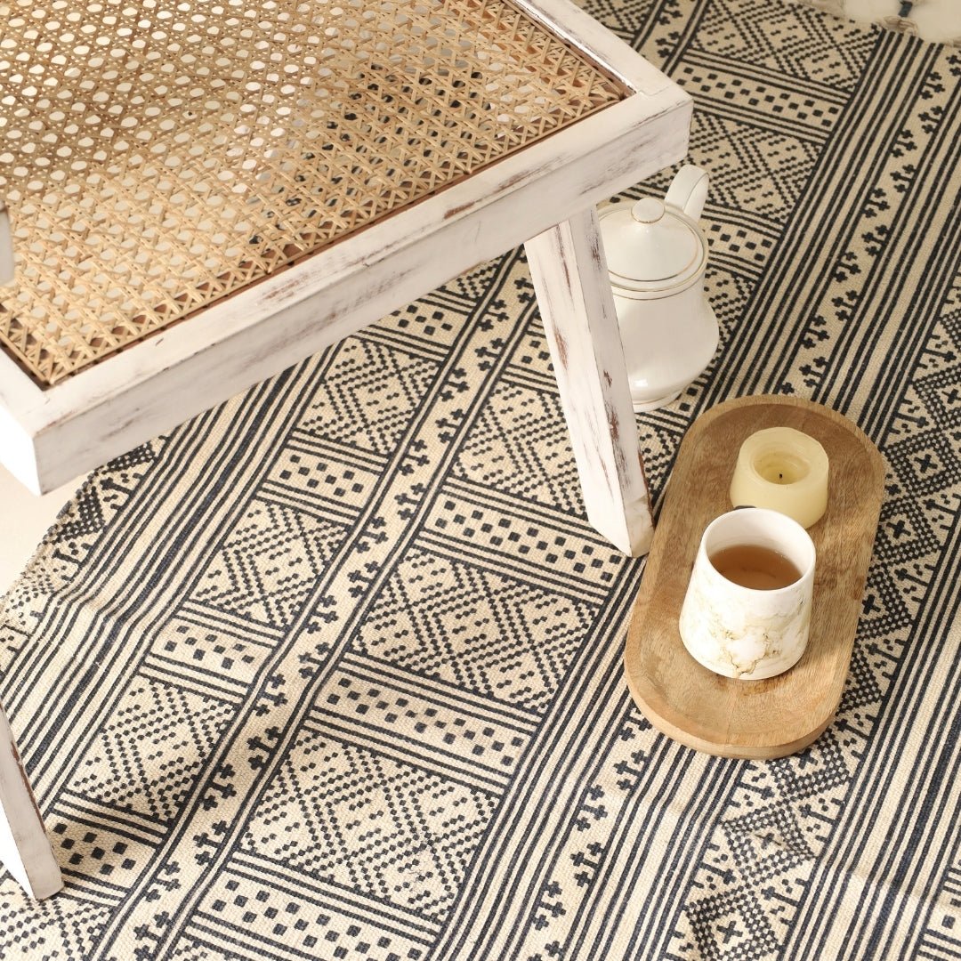 Cotton Rug Handprinted in Monochrome  | 4 x 6 ft Floor Rugs | Handmade In India