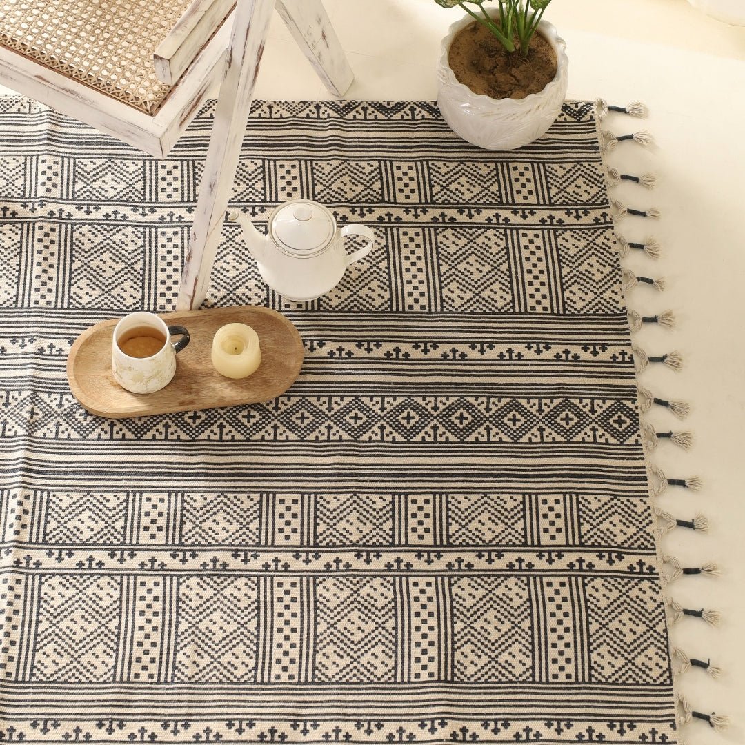 Cotton Rug Handprinted in Monochrome  | 4 x 6 ft Floor Rugs | Handmade In India