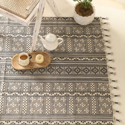 Cotton Rug Handprinted in Monochrome  | 4 x 6 ft Floor Rugs | Handmade In India