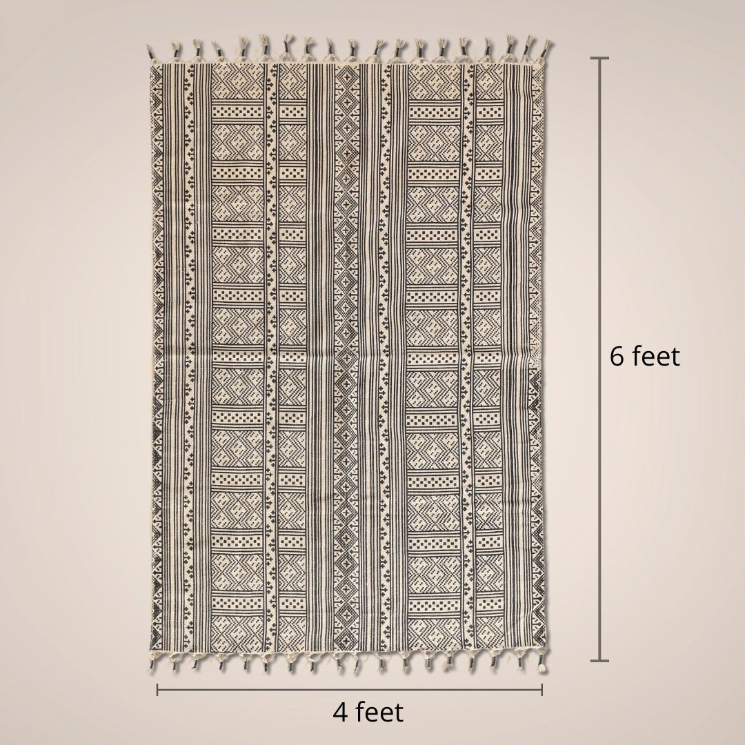 Cotton Rug Handprinted in Monochrome  | 4 x 6 ft Floor Rugs | Handmade In India