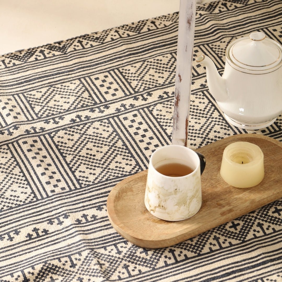 Cotton Rug Handprinted in Monochrome  | 4 x 6 ft Floor Rugs | Handmade In India