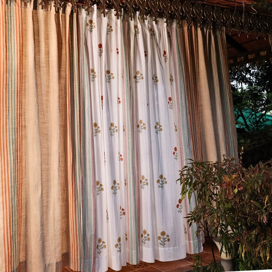 Handwoven Cotton Curtain Set in Ivory, Rust, Mustard & Teal | Door Curtains | Marigold Collection