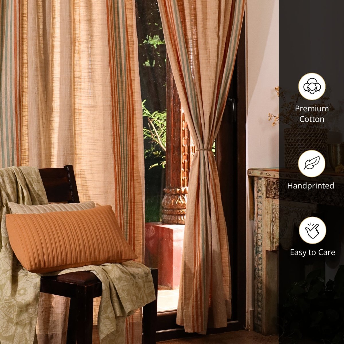 Handwoven Cotton Curtain Set in Ivory, Rust, Mustard & Teal | Door Curtains | Marigold Collection