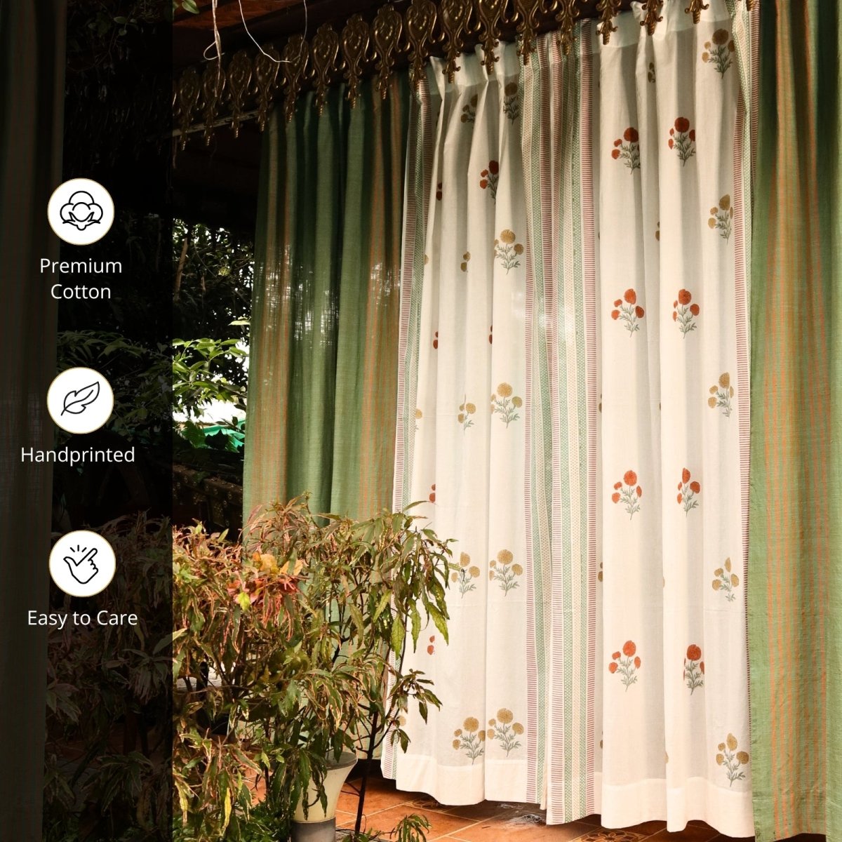 Handwoven Cotton Curtain Set in Sage, Rust, Mustard & Teal | Door Curtains | Marigold Collection