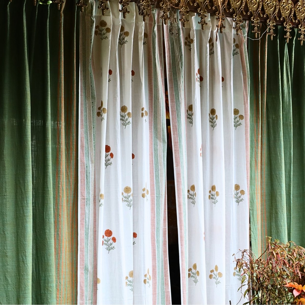 Handwoven Cotton Curtain Set in Sage, Rust, Mustard & Teal | Door Curtains | Marigold Collection