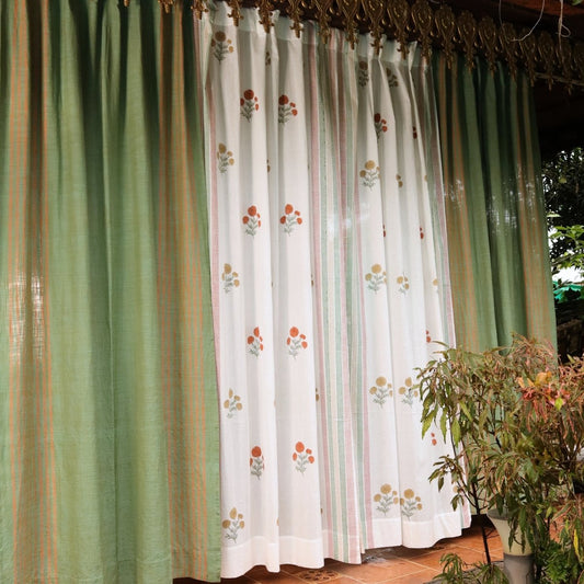 Handwoven Cotton Curtain Set in Sage, Rust, Mustard & Teal | Door Curtains | Marigold Collection