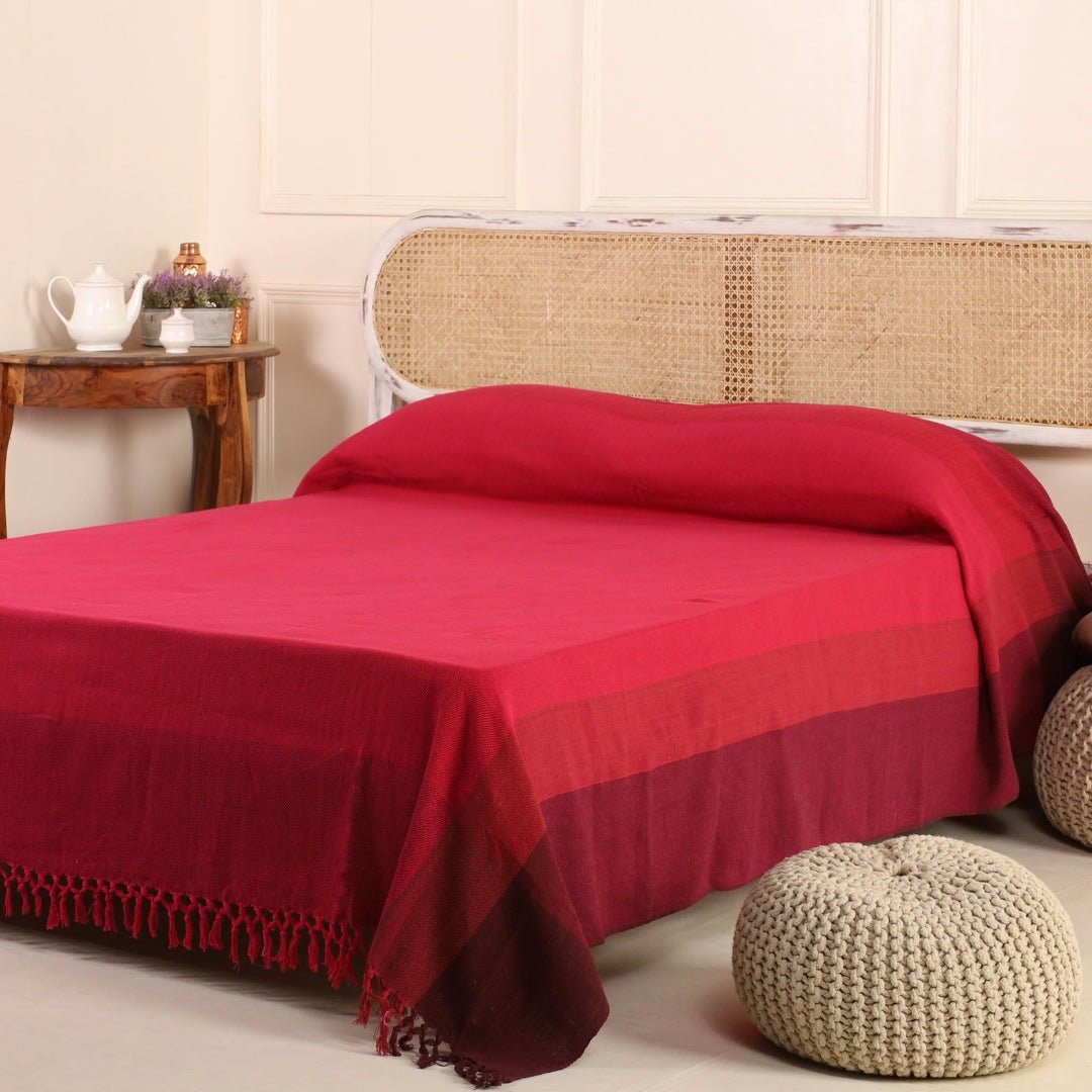 Handwoven Rich Cotton Double Bed Cover In Berry Tones | Queen Size | Handmade In India