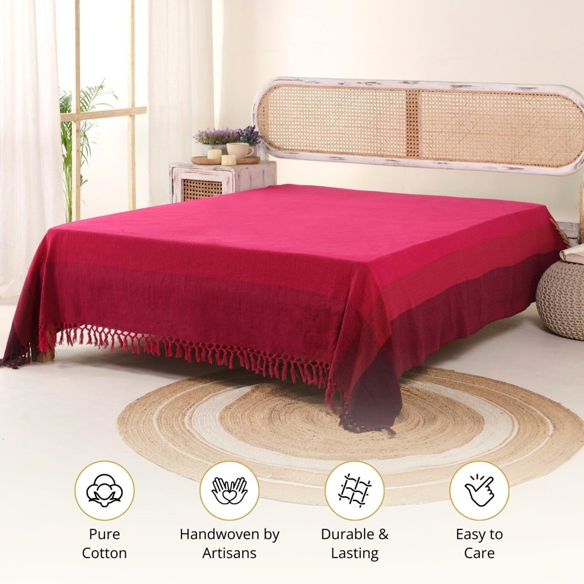 Handwoven Rich Cotton Double Bed Cover In Berry Tones | Queen Size | Handmade In India